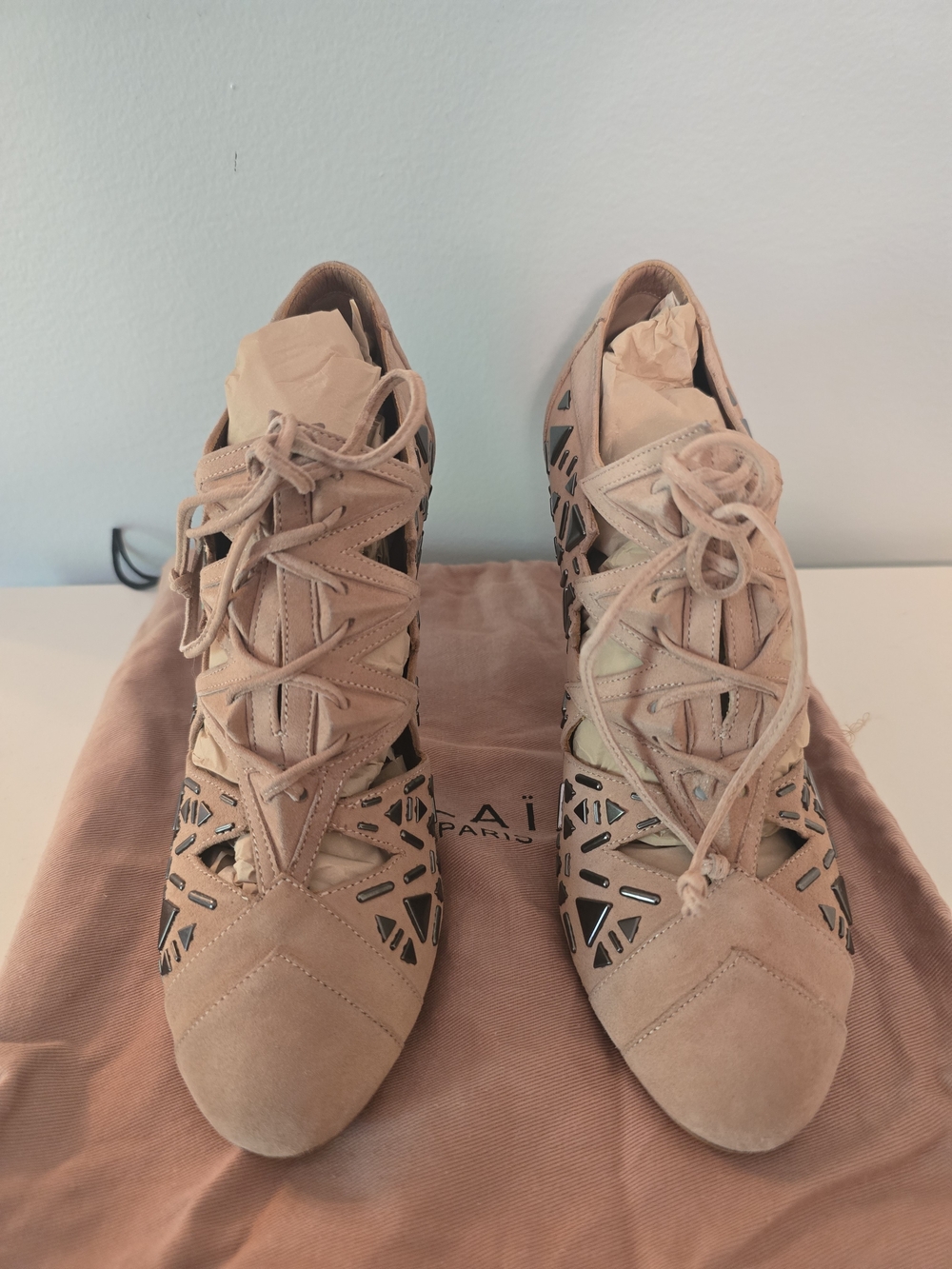 Alaia Lace-Up Cutout Suede Pumps in Blush